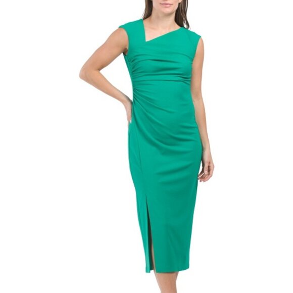 ANNE KLEIN Asymmetrical Neck Ruched Midi Dress - Picture 1 of 2